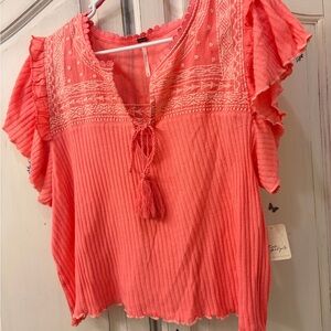 Free People Women's Ribbed Short Sleeve Embroidered Shirt